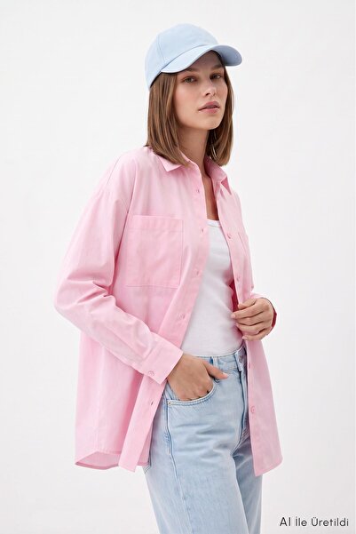 Rays Pembe Cepli Oversize Uzun Basic Gömlek TCR 6256A