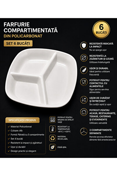 POLIGLOW Set 6 Farfurii Compartimentate din Policarbonat – Farfurii Pătrate c...