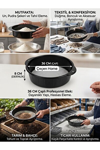 ÇEÇEN HOME 36 cm Profesyonel Siyah Plastik Elek - Mutfak Un Ve Bakliyat Eleği...