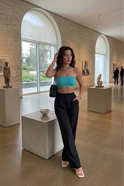 byhaziran butik Women's Black Pleated High Waist Fabric Pants
