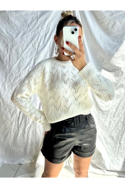 Gözde Tasarım Butik Women's Ecru White Color Cycling Collar Openwork Knitwear Knitted Sweater