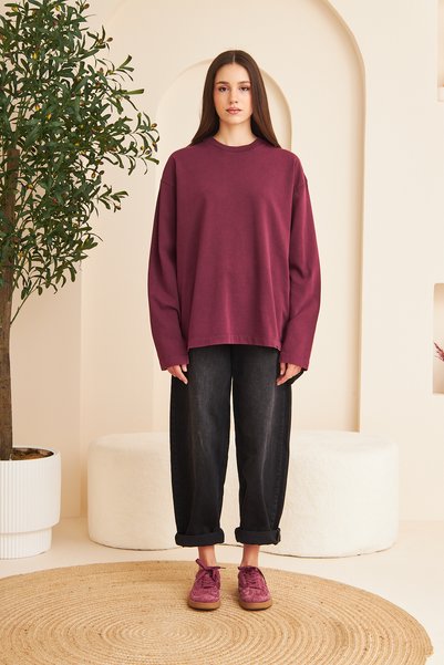 borz clo Crew Neck 100% Cotton Washed Long Sleeve T-Shirt