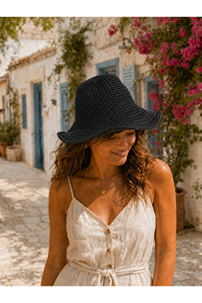 Starinci Mayo Black Knitted Look Wide Brim Women's Beach Hat