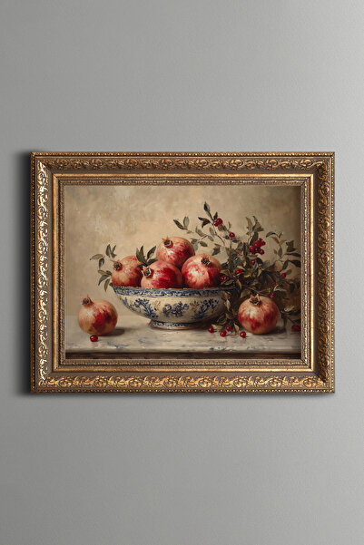 epiqart Abundance of Pomegranates in a Chinaware Bowl - Vintage Patterned Pai...