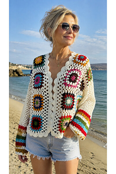 El Örgüsü Motifli Kadın Hırka – Alize Angora Gold – Beyaz / Çok Renkli