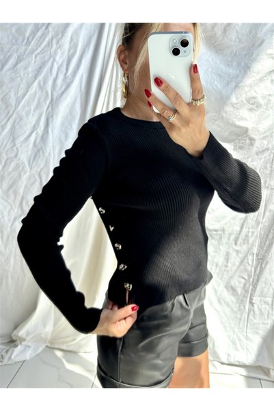 Gözde Tasarım Butik Women's Black Color Basic Premium Quality Knitwear Sweater with Buttons on the Sides