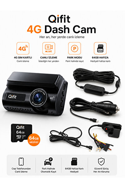 Qifit 4G SIM Kartlı 2K Araç Kamerası | Canlı İzleme + Park Modu + 64GB Hediye