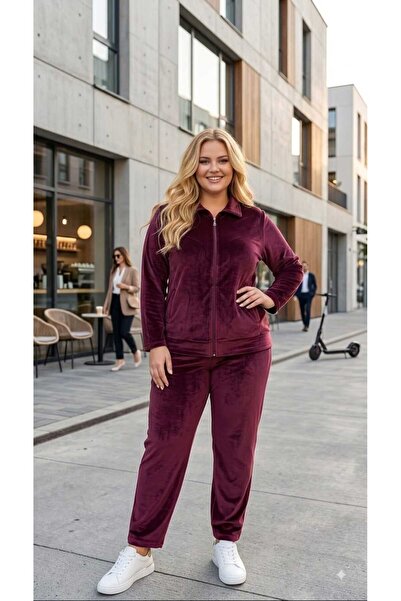 Asel Plus Size Solid Color Pocketed Lycra Soft Zippered Velvet Set
