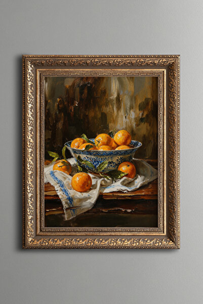 epiqart Oranges in Blue Porcelain Bowl - Vintage Patterned Painting - Thick M...