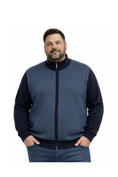 BattalModa Erkek Büyük Beden Lacivert Arven Dik Yaka Cepli Triko Hırka 5XL-6X...