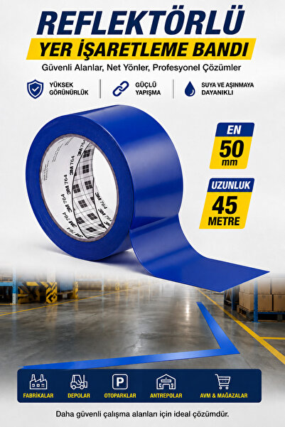Badem10 (1 Adet) Reflektörlü 45 metre Yer İşaretleme Bandı Gece Parlar Mavi R...