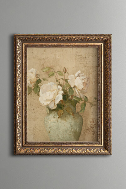 epiqart White Roses in Mint Green Vase - Vintage Patterned Painting - Thick M...