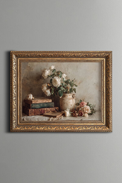 epiqart Books and Roses - Vintage Patterned Painting - Thick Model
