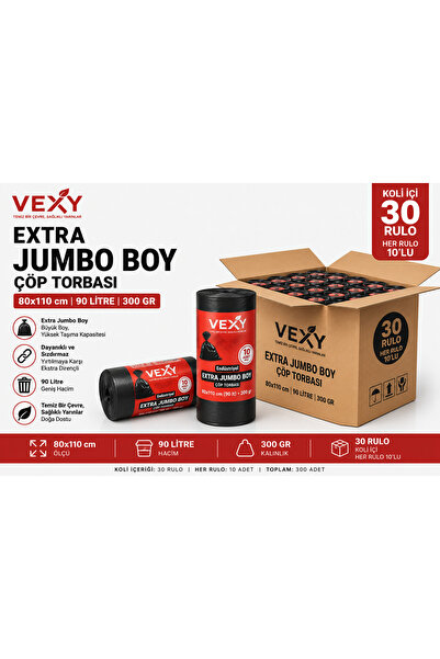 80X110 cm 90 Litre Jumbo Boy Çöp Torbası 300 Adet Siyah Dayanıklı Endüstriyel Çöp Poşeti 10'lu 30 Rulo