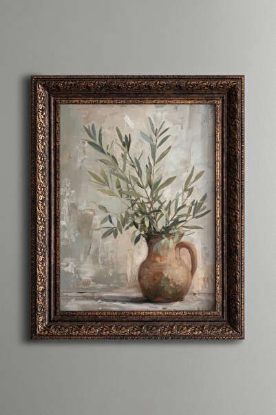 epiqart Olive Branches in Clay Vase - Vintage Patterned Painting - Thick Model