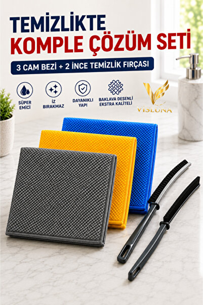 VİSLUNA Cam Temizlik Seti 5 Parça – 3 Adet 40x40 Mikrofiber Baklava Desenli C...