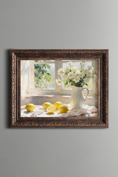 epiqart Lemons and White Flowers in Front of the Window - Vintage Patterned P...