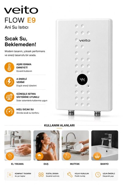 Veito Mutfak ve Banyo İçin Dijital Ekranlı Dokunmatik Ekranlı Ani Su Isıtıcı