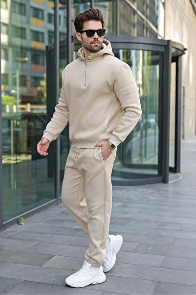 Madmext Beige Hooded Zipper Detailed Men's Tracksuit Set E7367