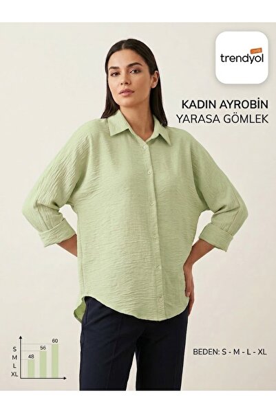 aryam butik Kadın Ayrobin Kumaş Rahat Kesim Düğmeli Yarasa Kol Tunik Gömlek