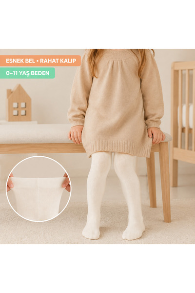 ESES BEBE Unisex Bebek Çocuk Pamuklu Düz Külotlu Çorap 3'lü Paket Beyaz – Açık Krem – Pembe 0-11 Yaş