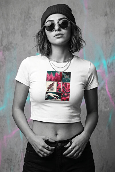 Bravedag Aerochrome Kadın Beyaz Baskılı Crop Top Tişört