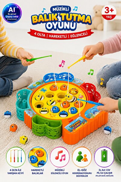 YILDIRIM OYUNCAK Pilli 4 Oltalı Müzikli Balık Tutma Oyunu – Hareketli Balıklı...