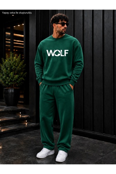 caddekombin Men's Wolf Wolf Silhouette Printed Crew Neck Regular Fit Men's Tr...