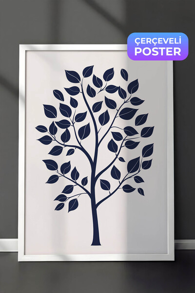 Zestia Pictură murală minimalistă cu ramă albă, copac cu frunze bleumarin, Nr...