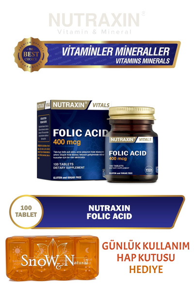 Nutraxin Folic Acid 400 mcg (Folik Asit | B9) 100 Tablet Takviye Edici Gıda +...