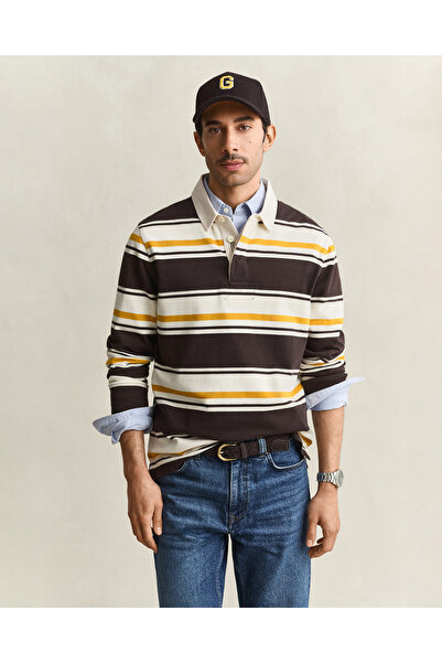 Gant Erkek Kahverengi Çizgili Rugby Yaka T-Shirt