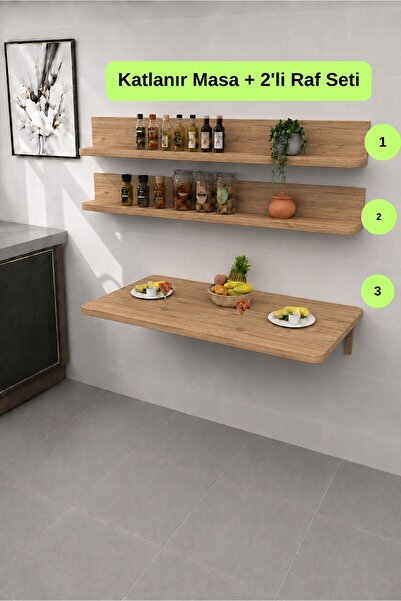 Kydonia Home Duvara Monte Kırma Katlanır Mutfak Masası ve 2’li Raf Seti 60x11...