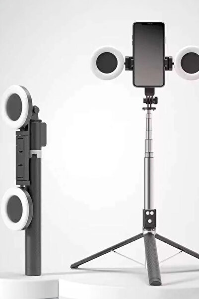 TechnoStation Çift Çıkarılabilir LED Işıklı Katlanabilir Tripod Selfie Çubuğu Akıllı Telefon İçin Ayrılabilir Dolgu Işıklı Taşınabilir Vlog Standı