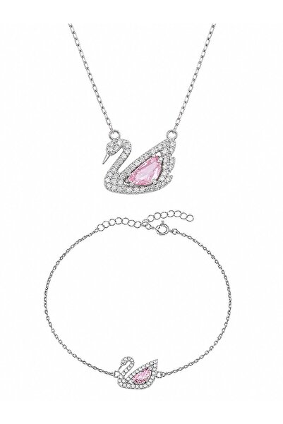 Pietra Pembe Zirkon Taşlı Kuğu set | 925 Ayar Gümüş set - Gümüş Kuğu Kadın se...