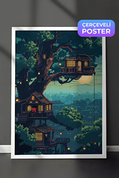 Zestia Pictură murală Pixel Art cu ramă albă, Peisaj cu casă în copac, Cameră...