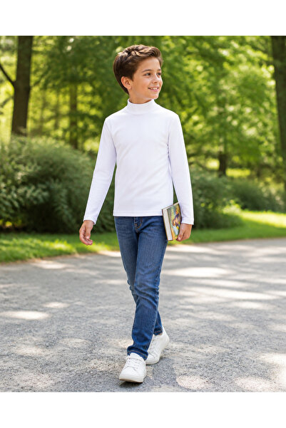 İncili Tekstil Children's School Season 100% Cotton White Half Turtleneck Bas...