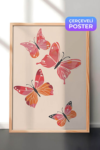 Zestia Pictură murală minimalistă cu ramă din lemn, fluturi roz zburători, ca...