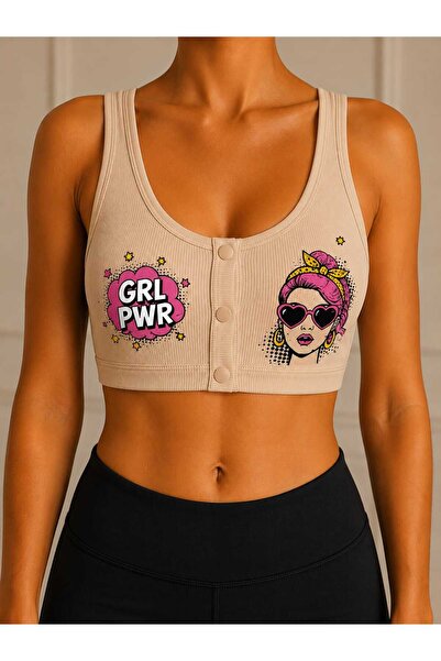 Novera Ribbed Popart Patterned Sports Bra with Removable Snap-On Pads