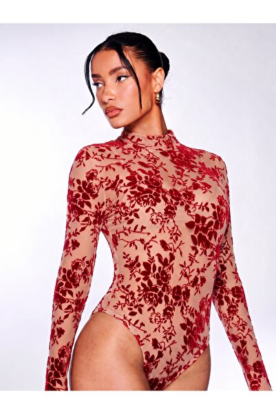 my cherie Skin Color Tulle Flock Print Snap Fastener Bodysuit