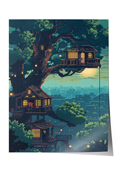 Zestia Poster Premium Pixel Art, Peisaj cu casă în copac, Cameră pentru copii...