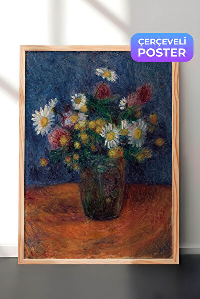Zestia Impressionist Wall Painting with Wooden Frame, Daisy Bouquet on Blue B...