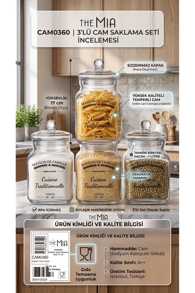 The Mia Set of 3 Glass Storage Containers with Airtight Lids, 1 Liter Food Ja...