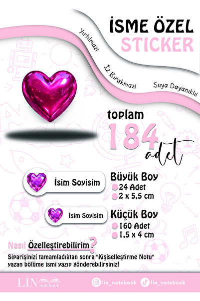 lin notebook İsme Özel Kalem Defter Okul Etiketi, Sudan Etkilenmez, Parlak Ka...