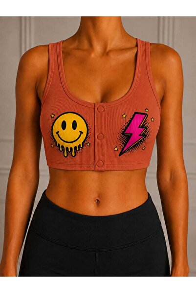 Novera Ribbed Emoji Patterned Sports Bra with Removable Snap-On Pads