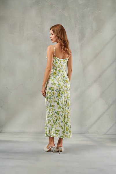 DAWN LİNE Women's Floral Patterned V-Neck Satin Long Dress Bloom Series & Thin Strap Window Detail Nightgown Dress Holiday Event Prom Special Occasion Dress