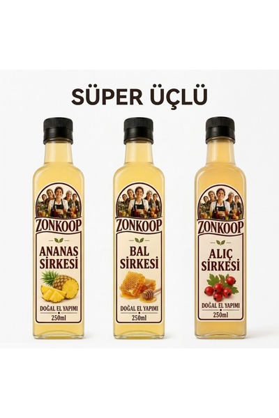 zonkoop 3'lü Sirke Paketi El Yapımı Doğal (Ananas, Bal, Alıç)