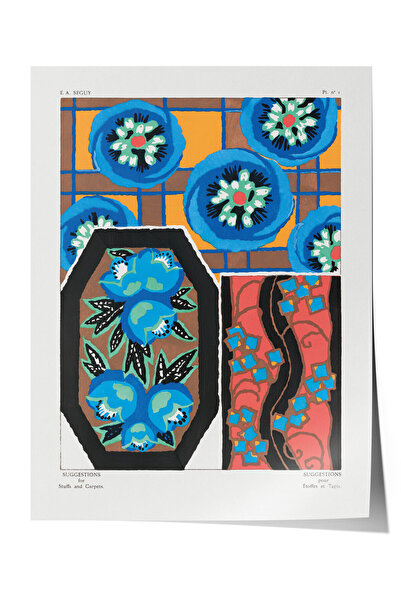 Zestia Poster Premium Art Deco, Model geometric cu motive florale albastre, N...