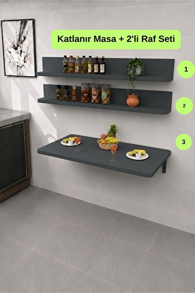 Kydonia Home Duvara Monte Kırma Katlanır Mutfak Masası ve 2’li Raf Seti 60x11...