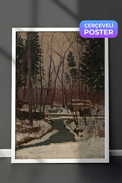 Zestia Impressionist Wall Painting with White Frame, Creek Scenery in Snowy F...