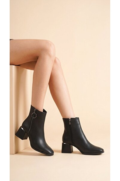 Moda Lime Leather Zippered Heel Detailed Short Simple Classic Boots Bootie